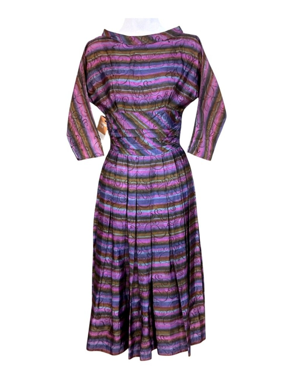 Jonathan Logan VTG 1950s Striped Pleated Taffeta 3/4 Sleeve MCM Dress XS/S